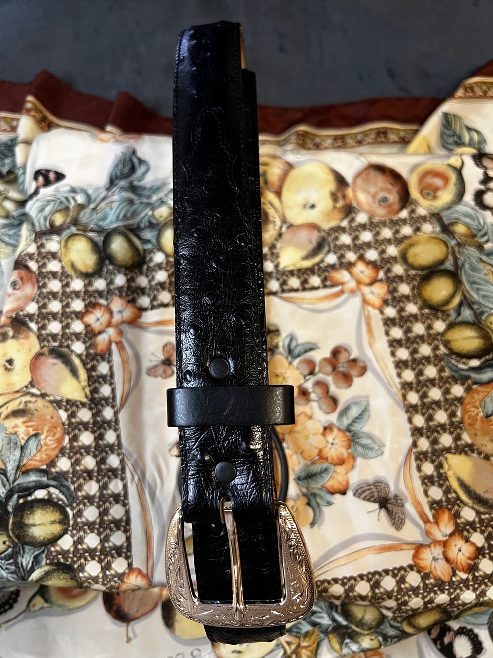 Tony Lama Men's Ostrich Print Leather 1 3/8" Black Dress Belt 1373L
